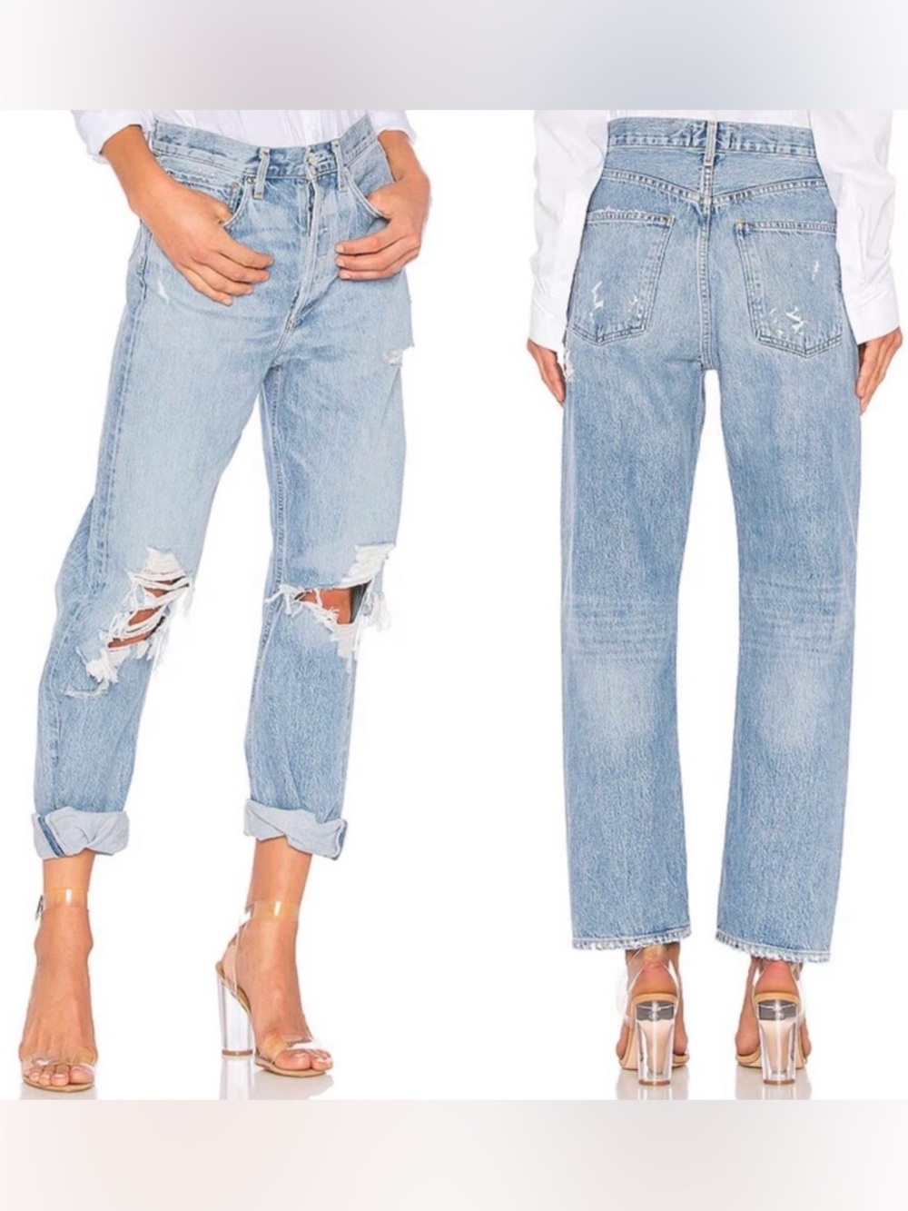 AGOLDE Revolve 90’s High Rise Loose Fit in Fall Out Distressed Light Blue Sz 24